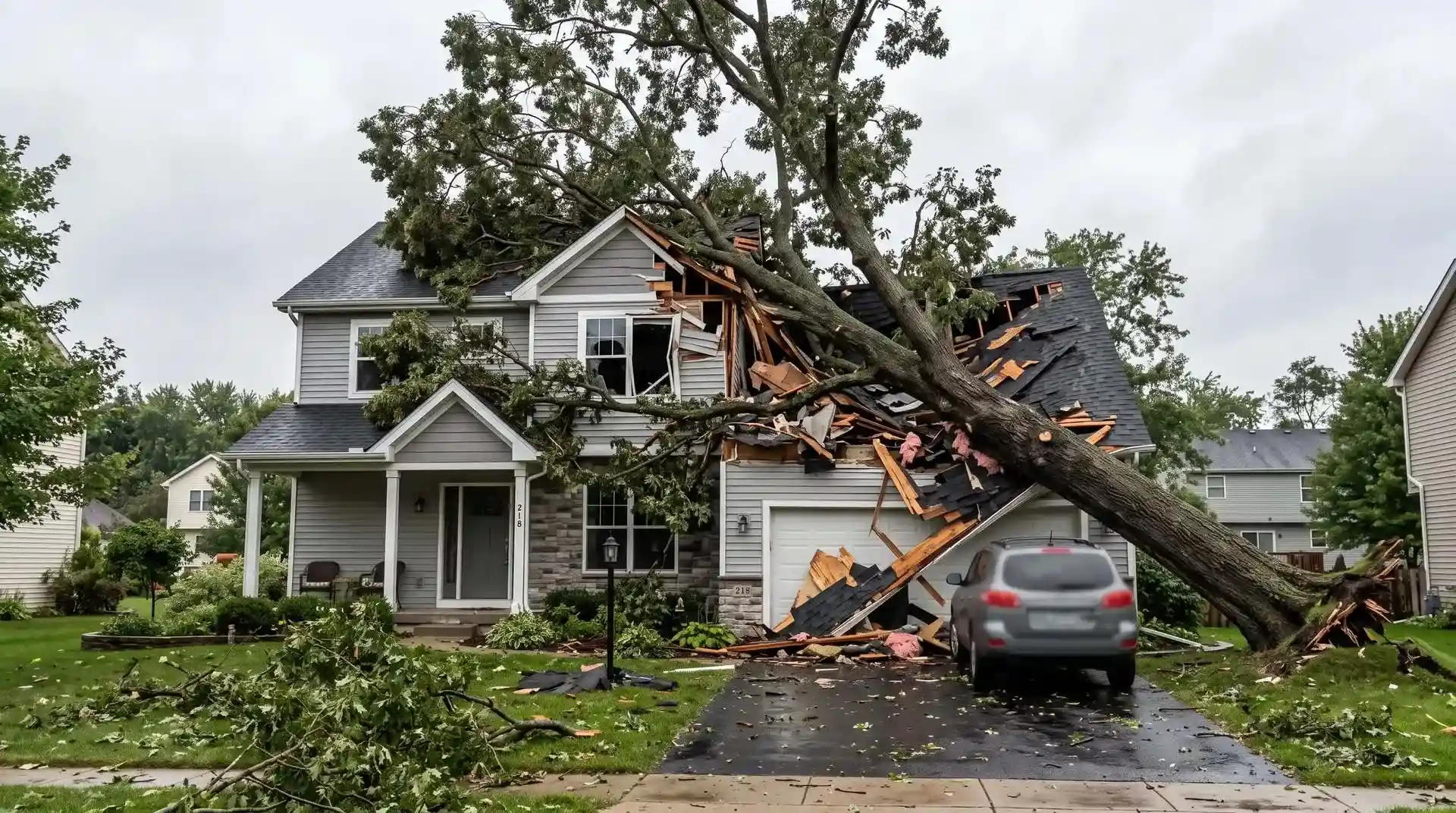Storm damage to a home, with a fallen tree through the roof